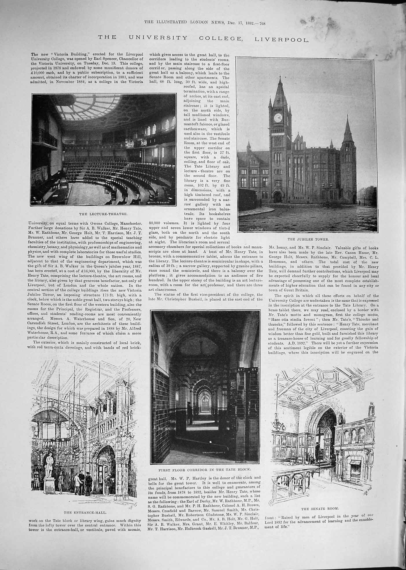 Original Old Antique Print 1892 University College Liverpool Jubilee Tower 19th