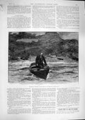 Original Old Antique Print 1892 Man Rowing Boat Lake Mountains Cliff Victorian