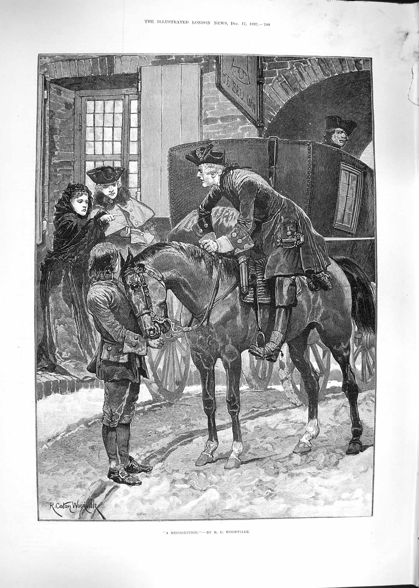 Original Old Antique Print Woodville 1892 Recognition Horse Man Coach Victorian