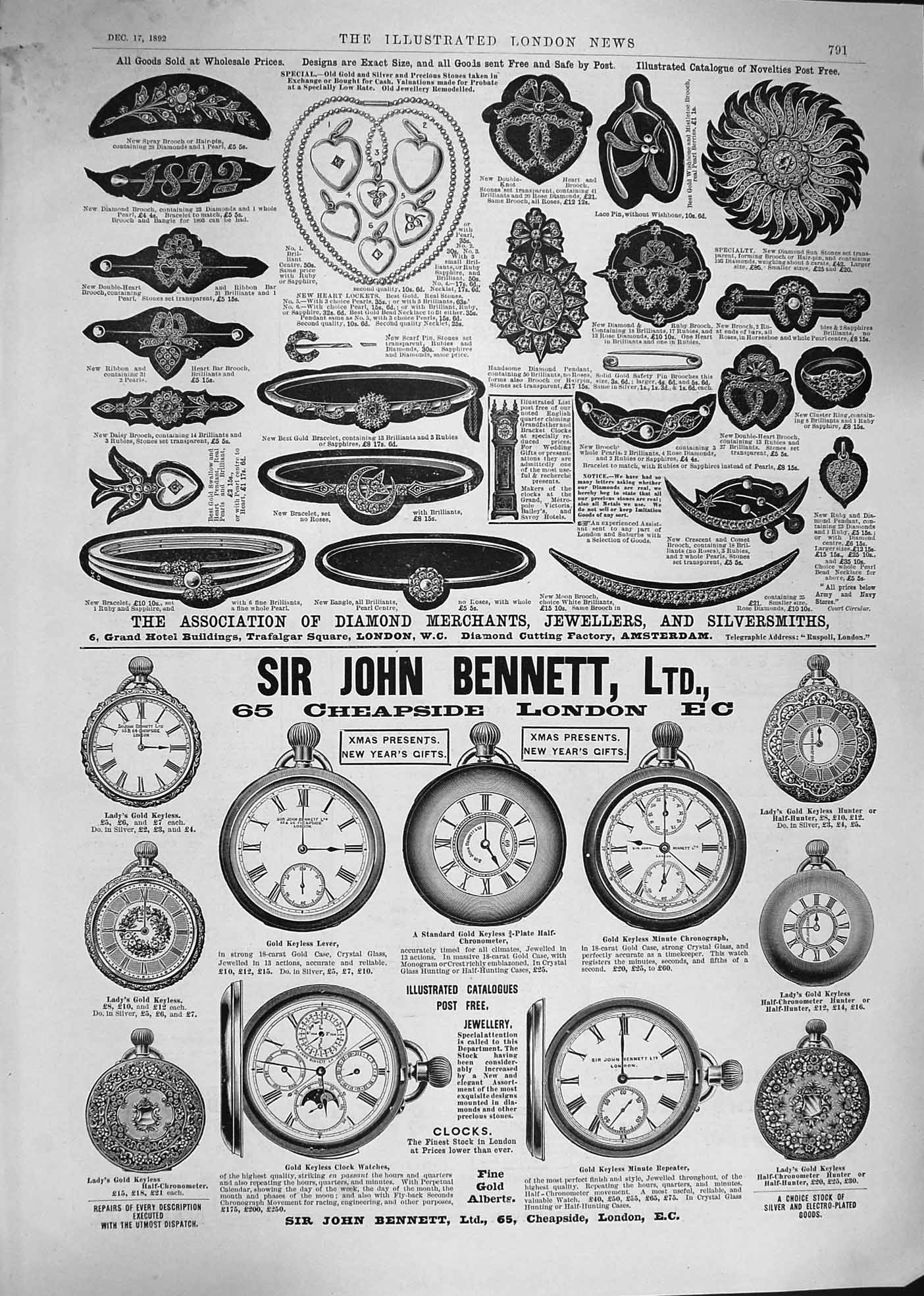 Original Old Antique Print 1892 Advertisement Bennett Watches Diamond Jewellers
