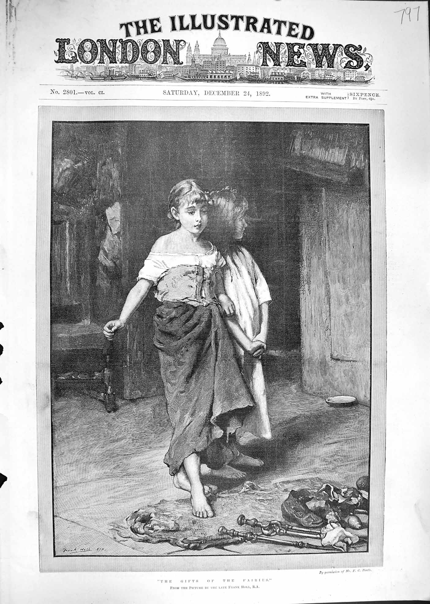 Original Old Antique Print 1892 Gifts The Fairies Young Girls Music Fra 19th