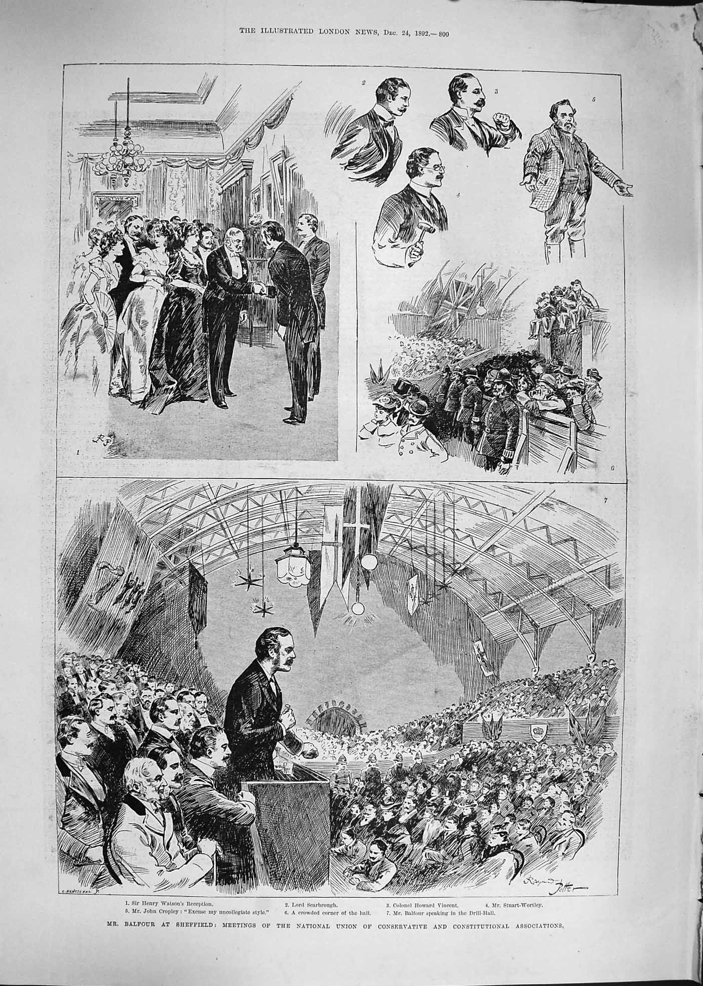 Old Antique Print 1892 Balfour Sheffield Conservative Watson Burke Sheen 19th