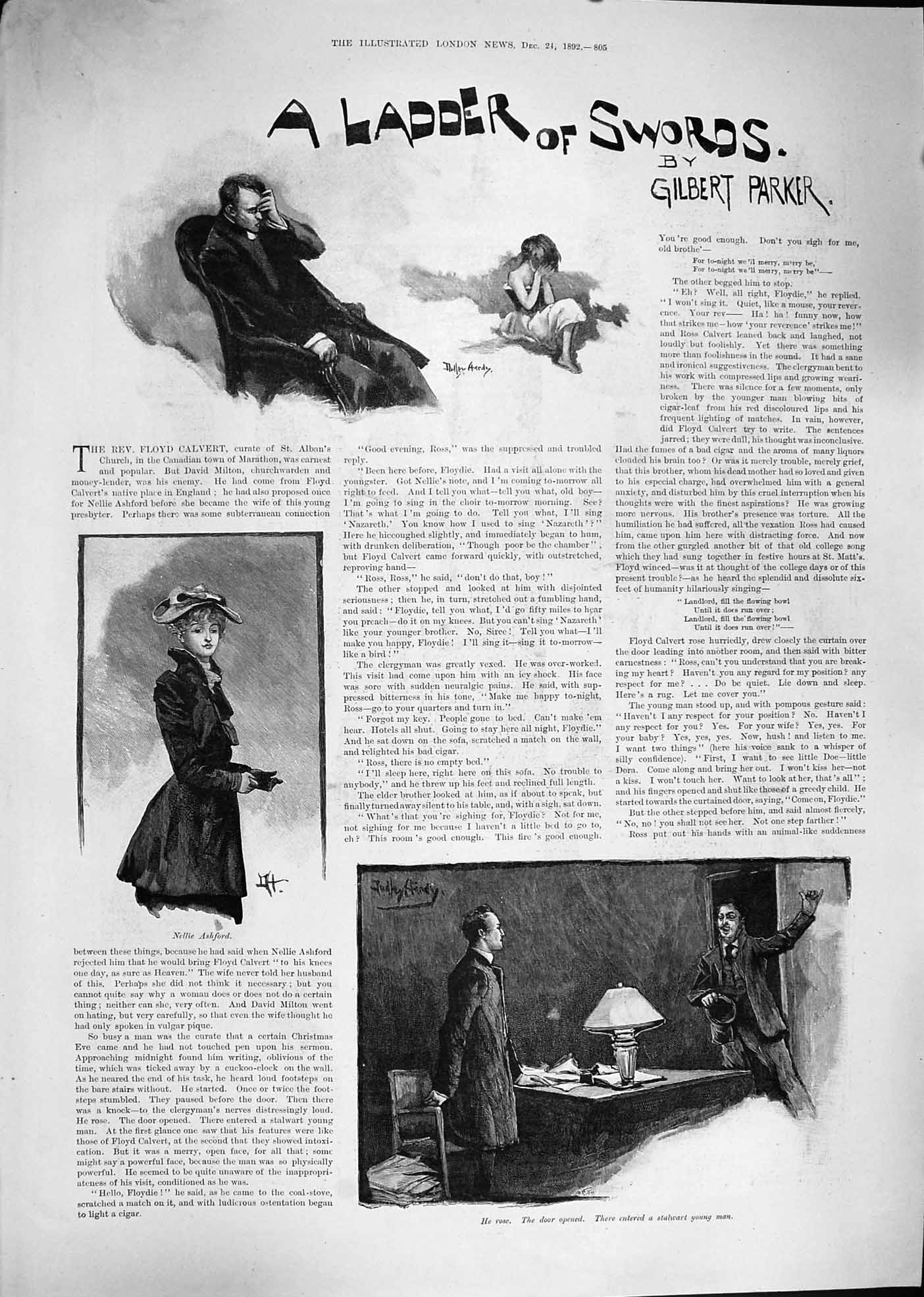 Original Old Antique Print 1892 Story Illustration Ladder Swords Gilbert Parker
