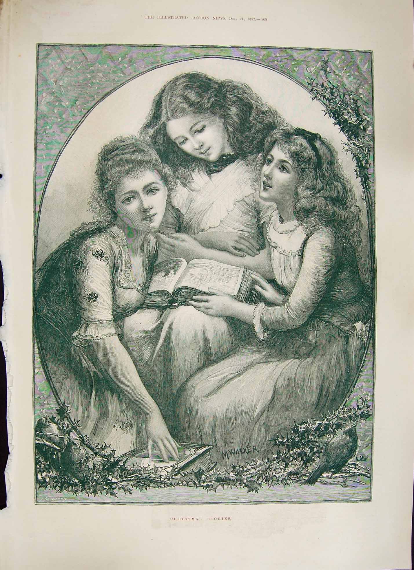 Original Old Antique Print 1892 Young Girls Christmas Stories Sheet Music Song