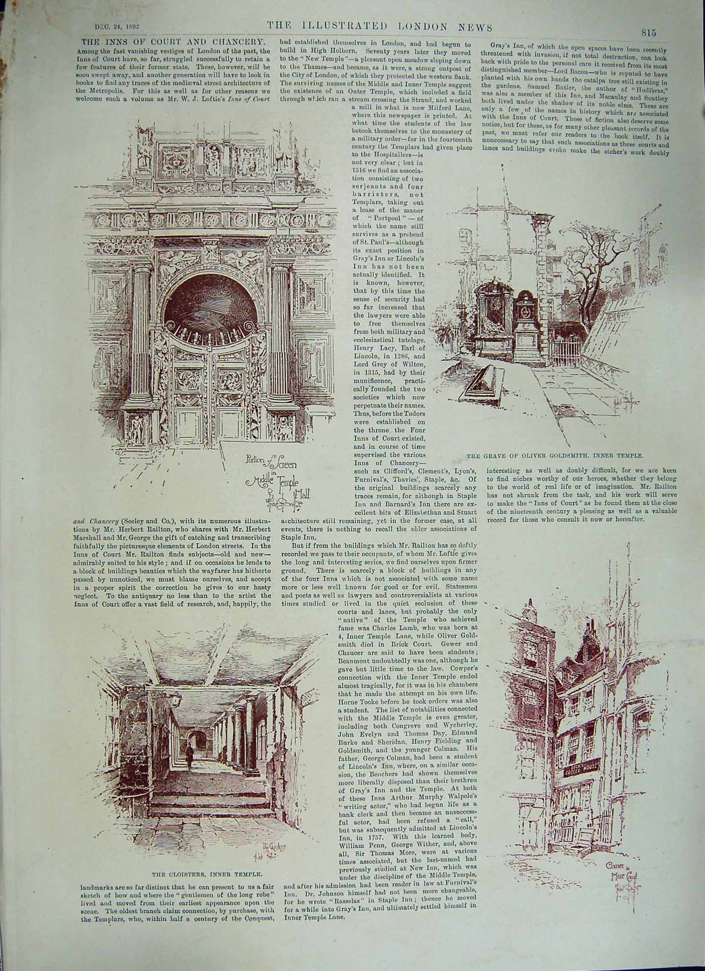 Original Old Antique Print 1892 Screen Middle Temple Gsmith Indian Fairy Tales
