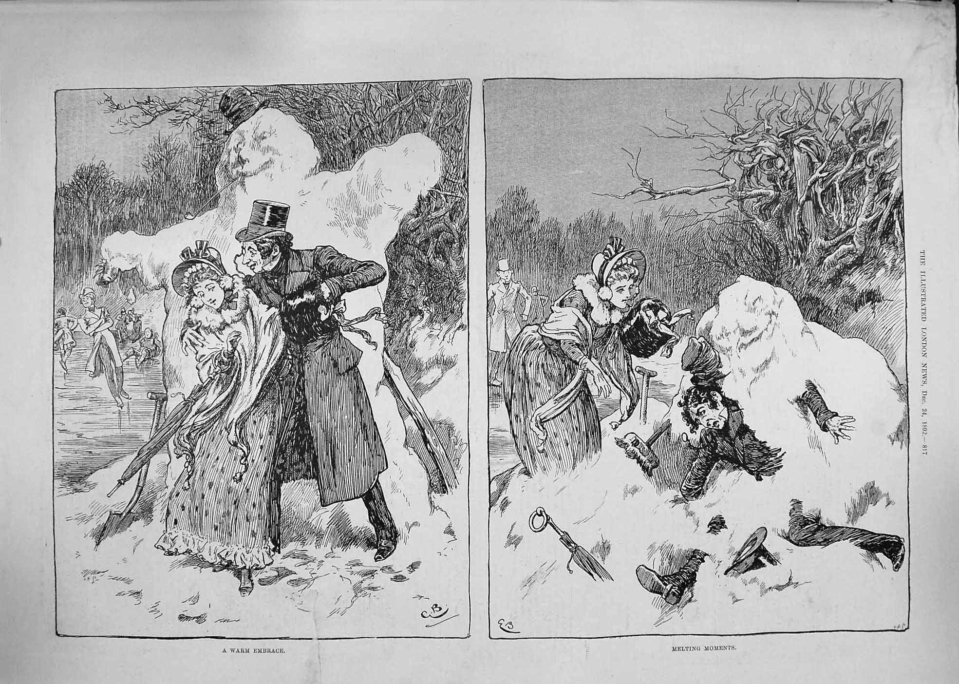 Original Old Antique Print 1892 Warm Embrace Romance Snow Accident Victorian