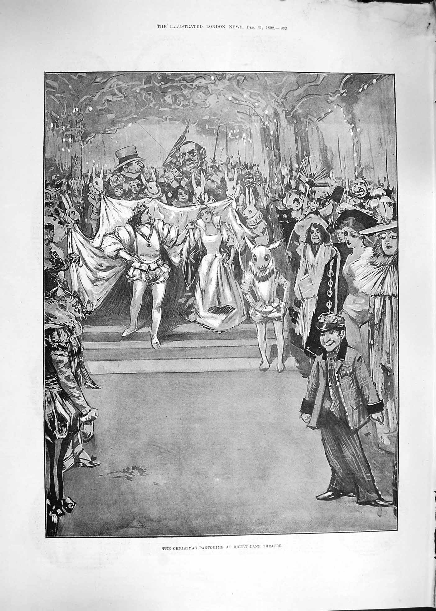 Original Old Antique Print 1892 Christmas Pantomime Drury Lane Theatre Costumes