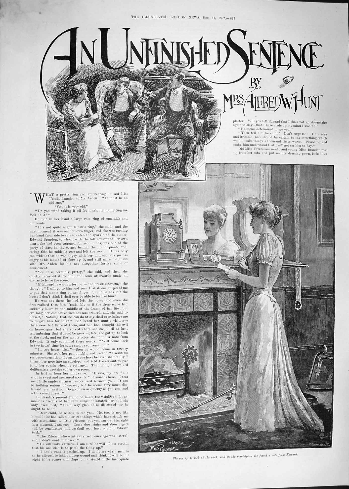 Original Old Antique Print 1892 Story An Unfinished Sentence Mrs Alfr Victorian