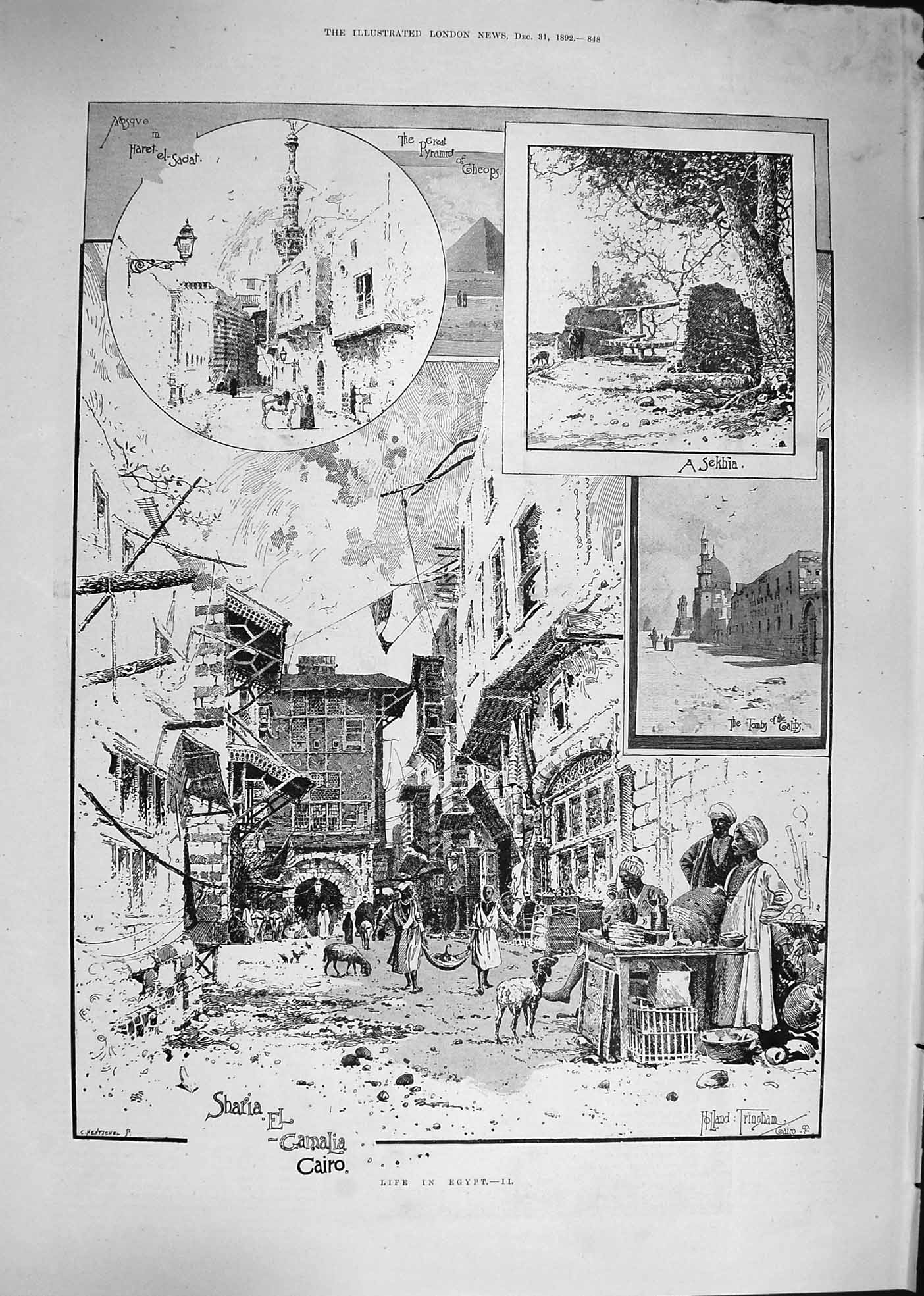 Old Antique Print 1892 Egypt Sharia-El-Gamalia Cairo Sekhia Mosque Cheops 19th