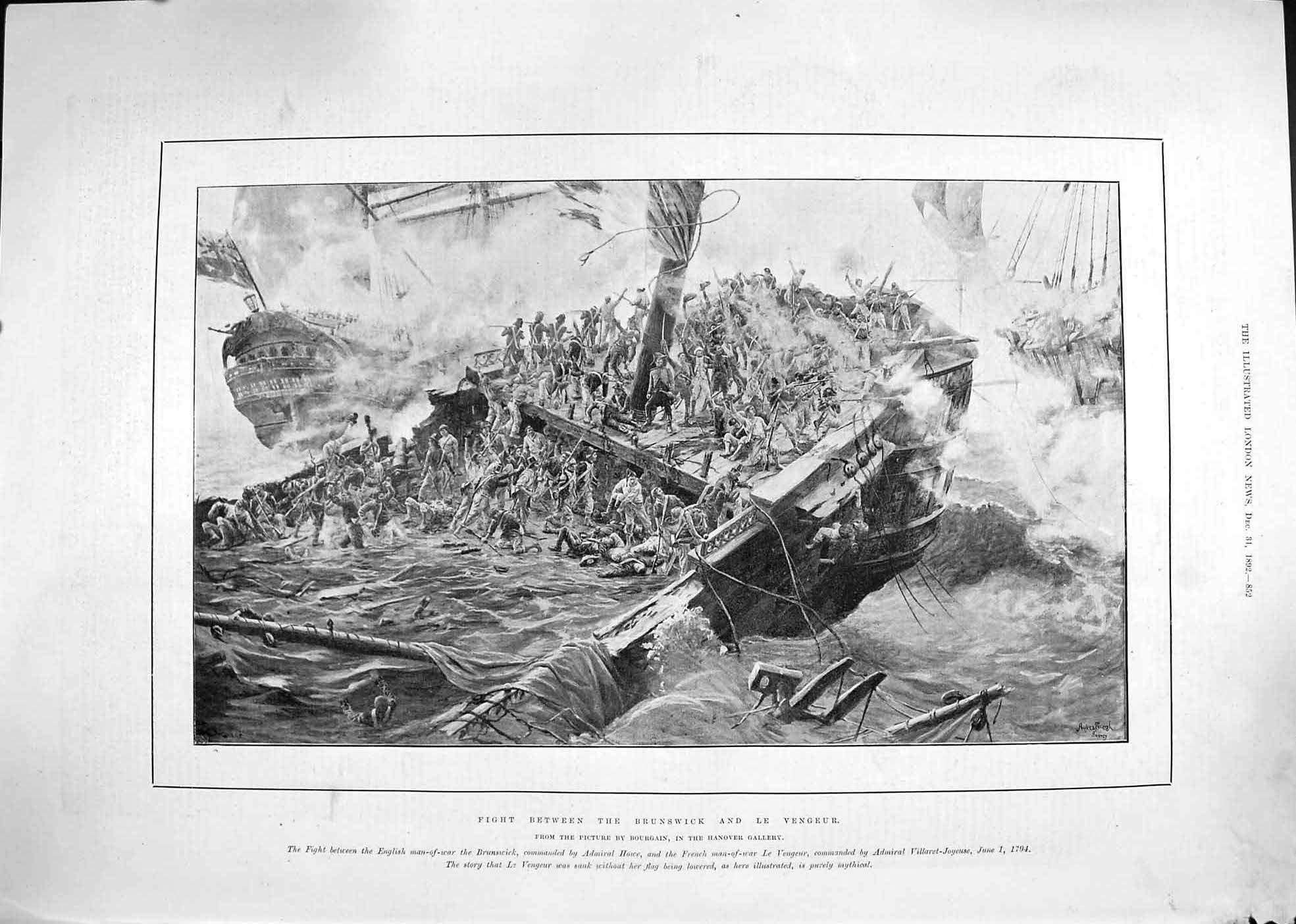 Original Old Antique Print 1892 Brunswick Le Vengeur Ships Battle War Bourgain
