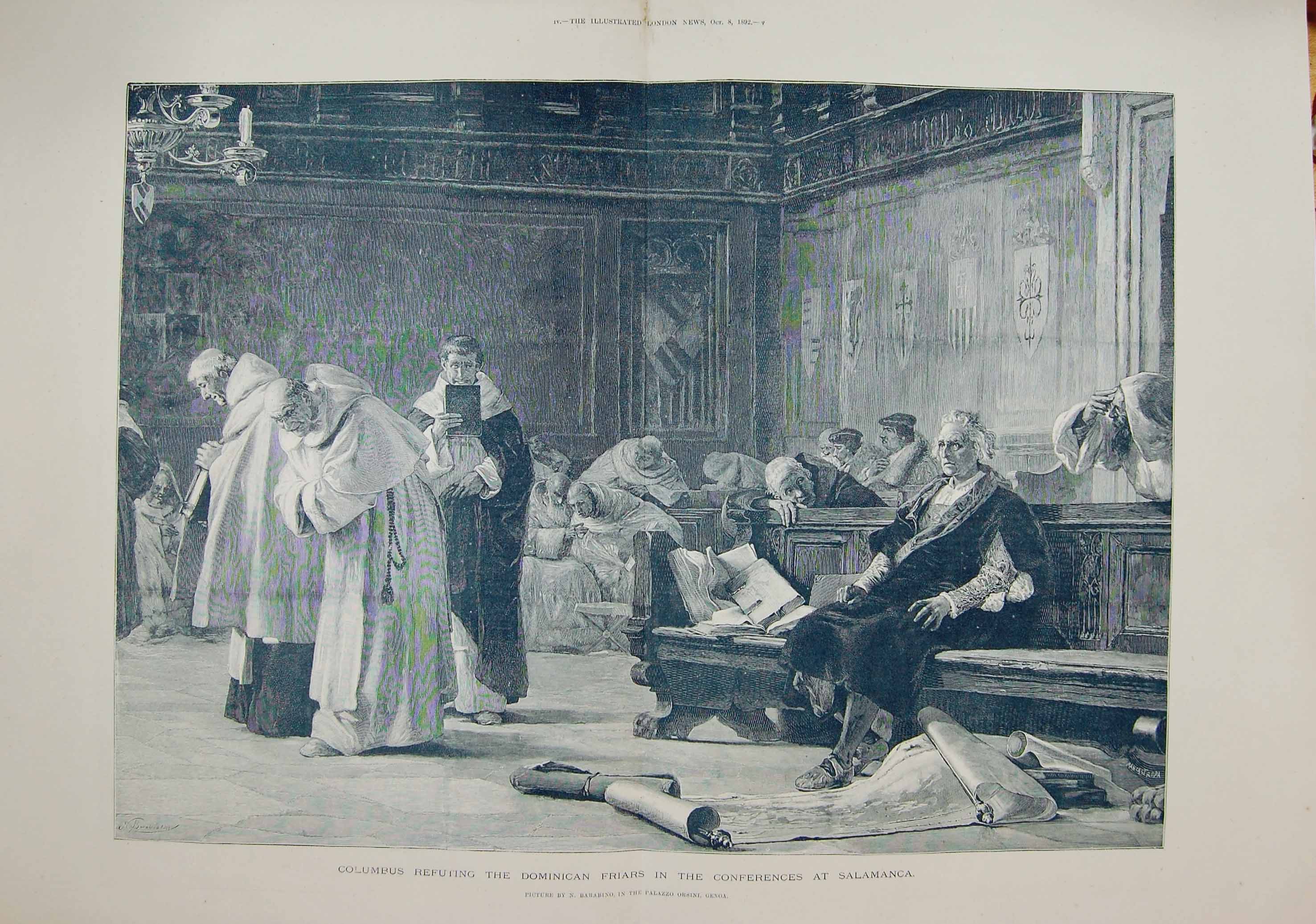 Old Antique Print 1892 Christopher Columbus Salamanca Santa Maria Ship 19th