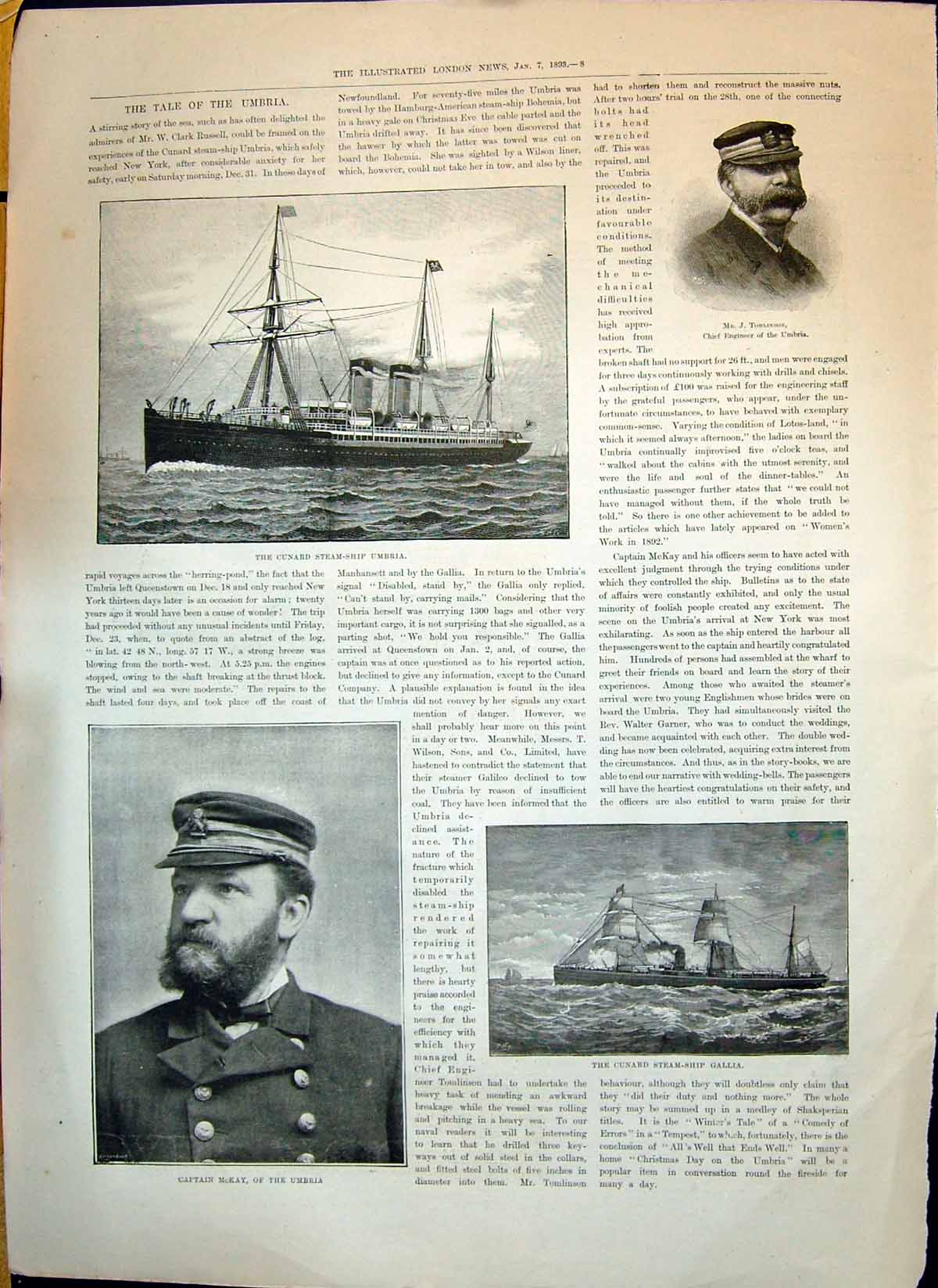 Old 1893 Cunard Steam Ship Umbria Tomlinson Engineer Captain Mackay G Victorian