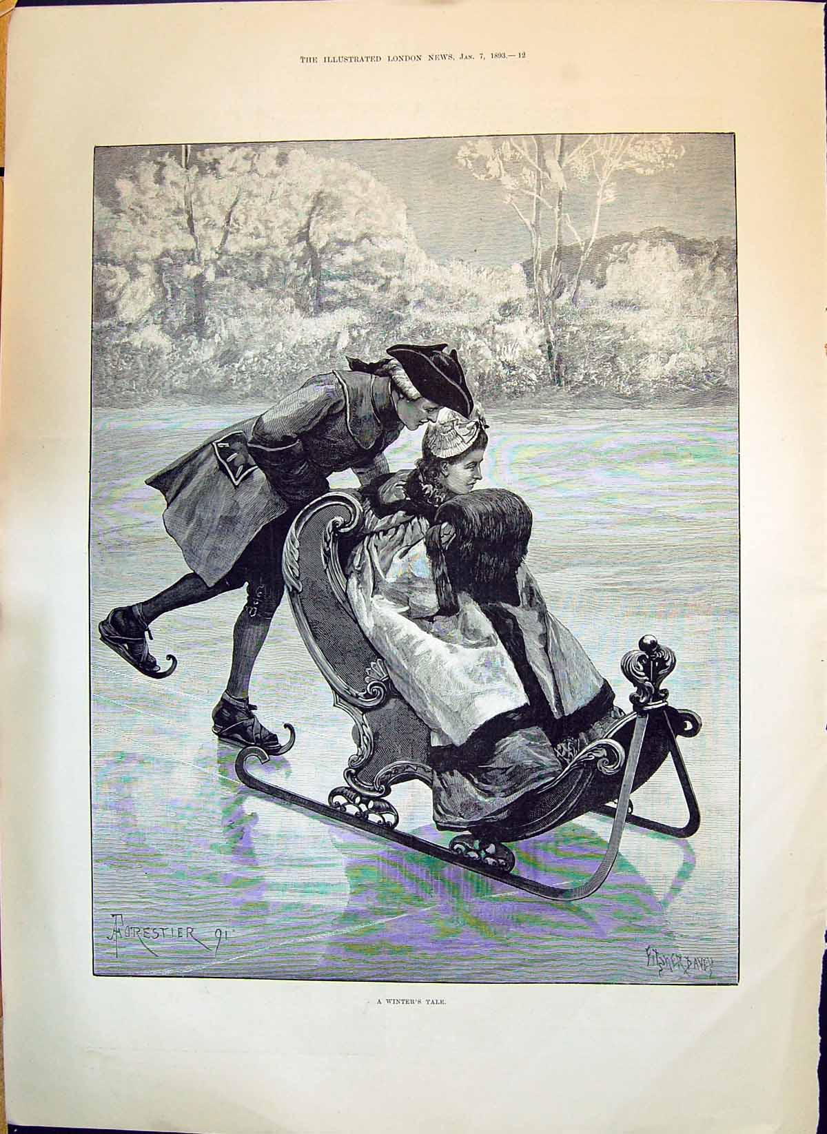 Old 1893 Winter'S Tale Lady Man Romance Ice Sledge Junior Constitutio Victorian