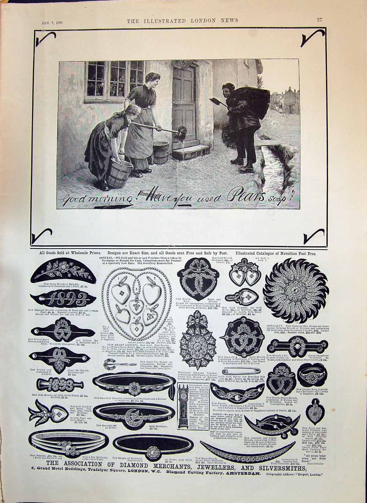 Antique Old Print 1893 Pears Soap Diamond Merchants Jewellers Silversmiths 19th