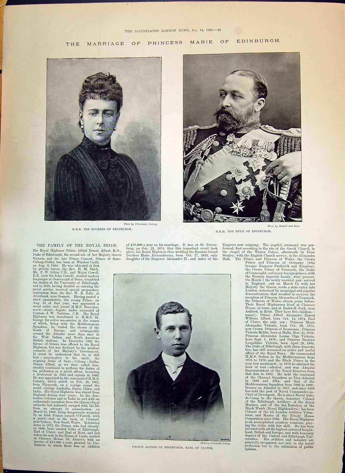 Old 1893 Wedding Princess Marie Edinburgh Duchess Duke Prince Alfred Victorian