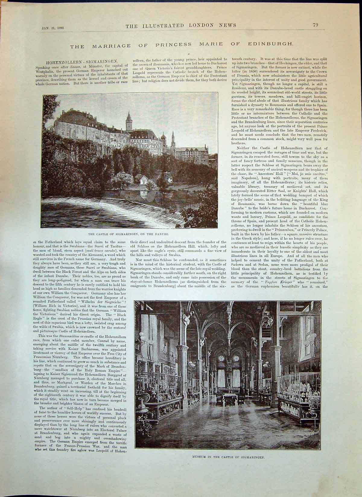 Old 1893 Castle Sigmaringen Danube Museum Ohenzollern Germany Marie E Victorian