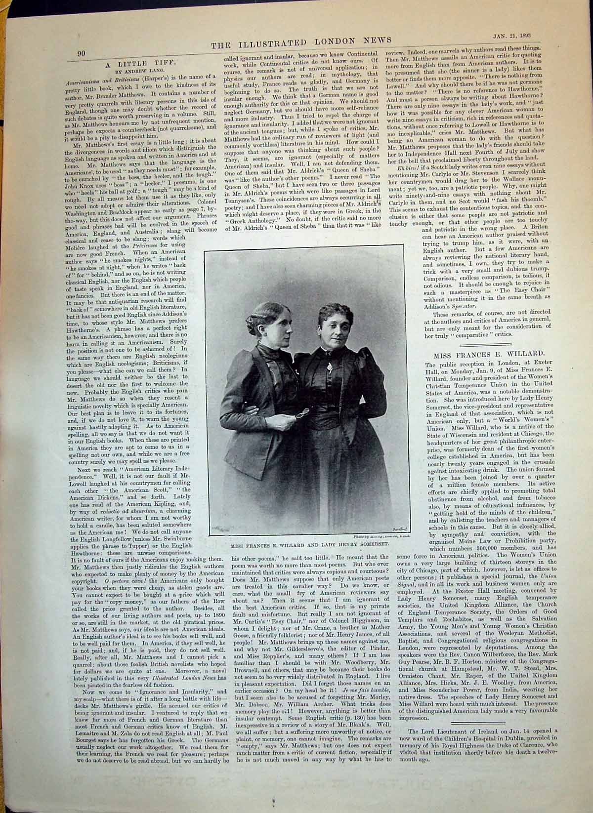 Old Antique Print 1893 Portrait Miss Frances Willard Lady Henry Somerset 19th