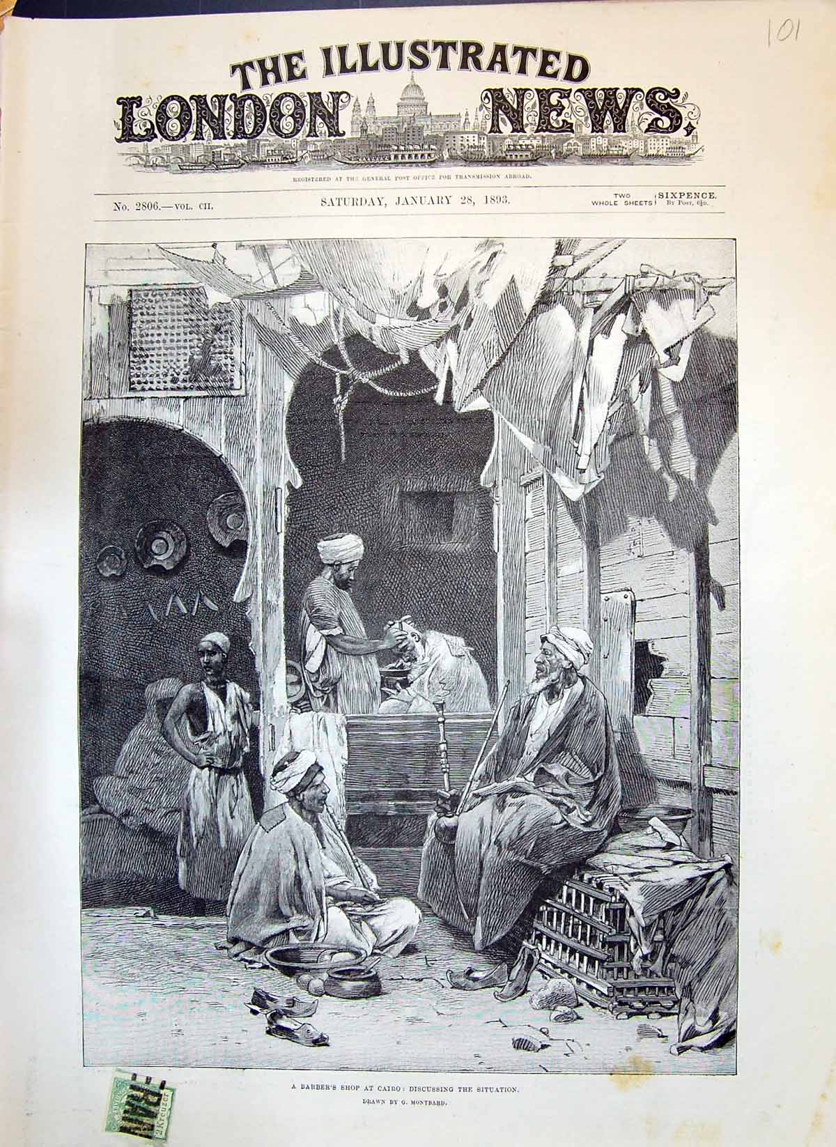 Old 1893 Scene Barbers Shop Cairo Egypt Men Discussing Situation Mont Victorian