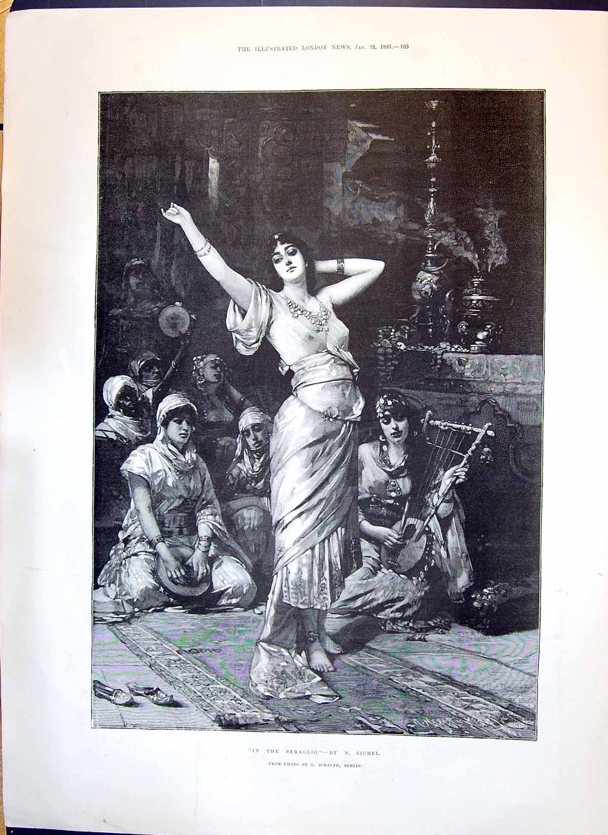 Old 1893 Scene Beautiful Woman Seraglio Music Dancing Sichel Schauer Victorian