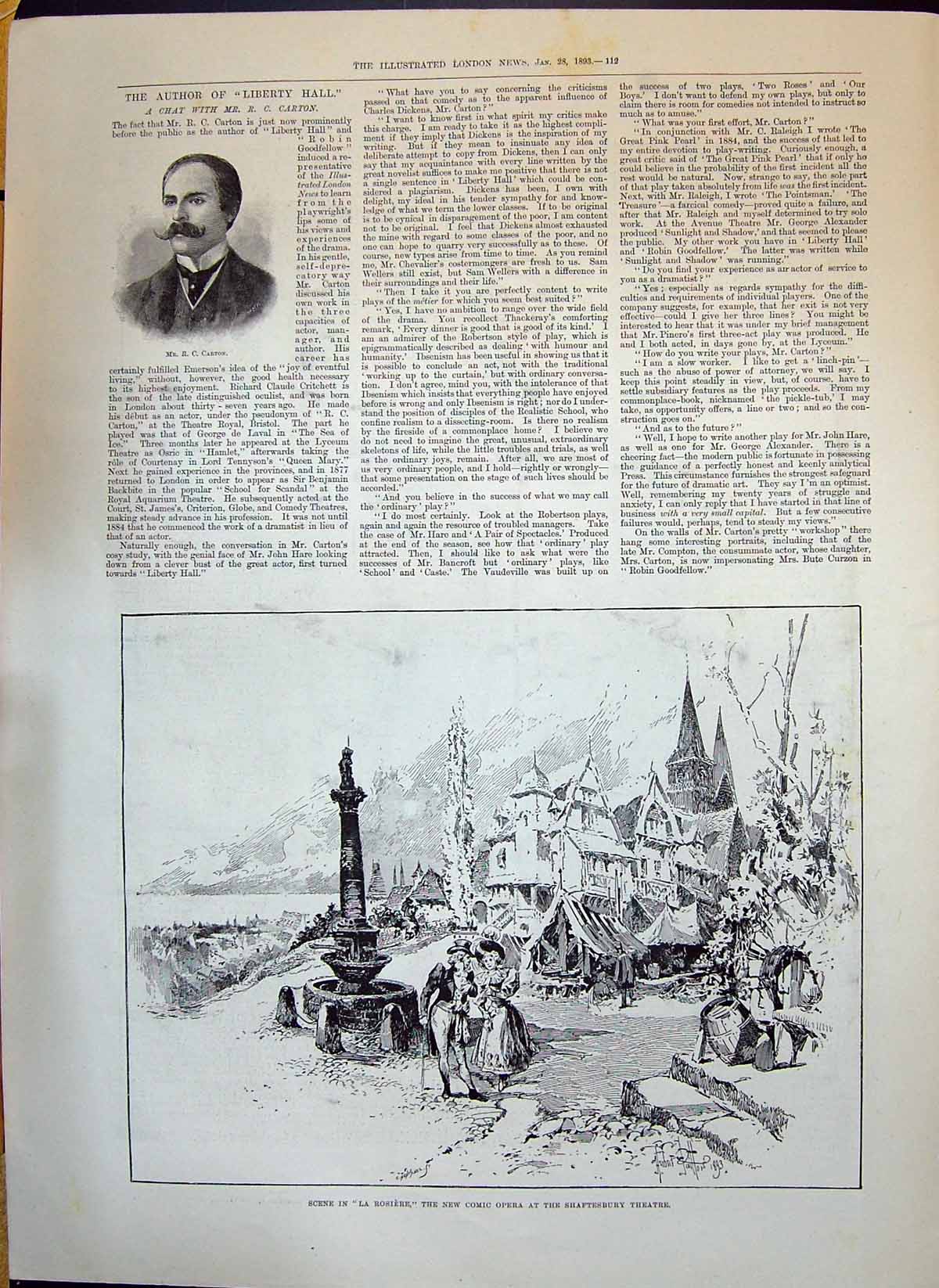Old 1893 Scene Rosiere Comic Opera Shaftesbury Theatre Carton Man Wri Victorian