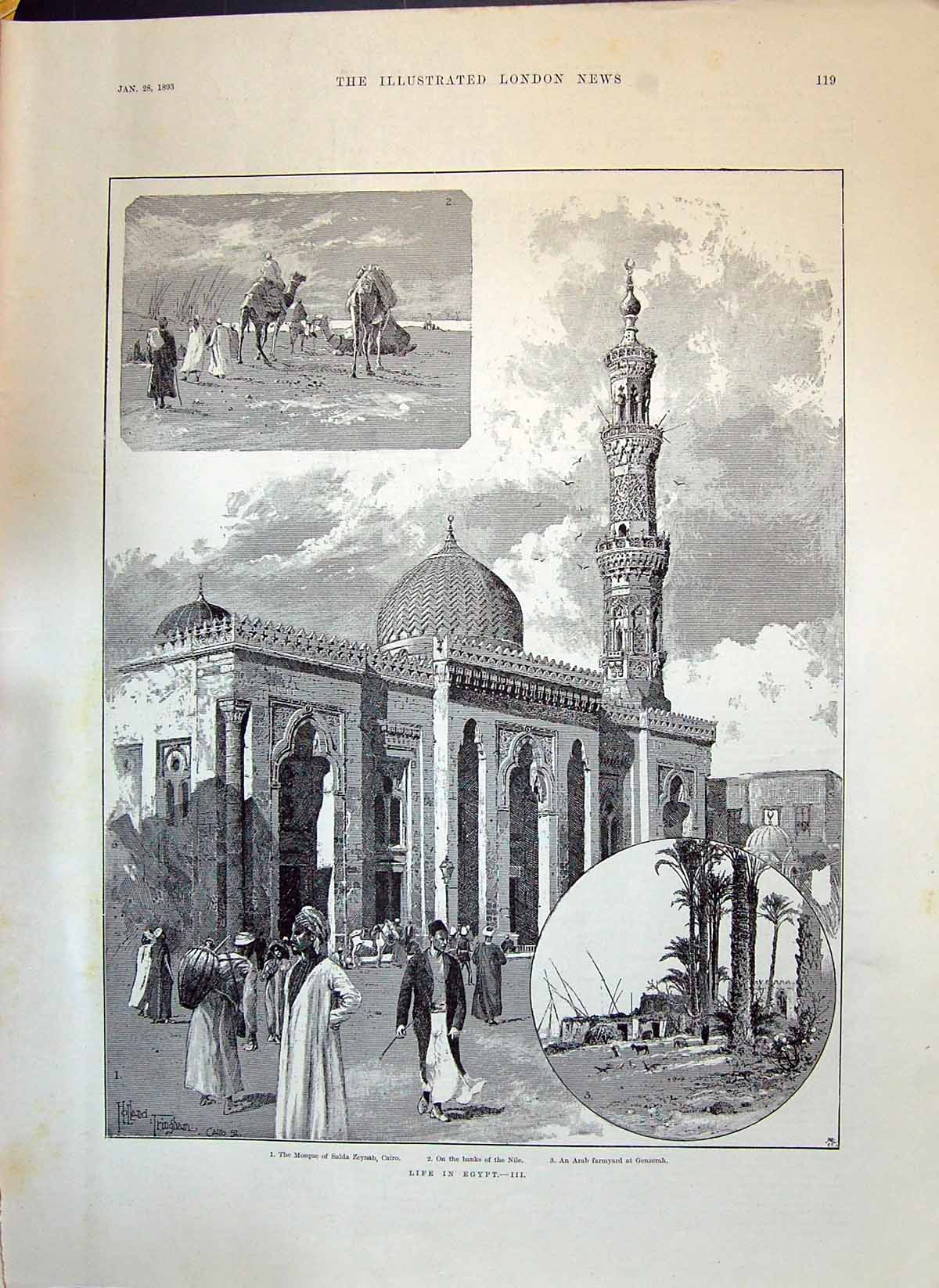 Old 1893 Life Egypt Mosque Saida Zeynab Cairo Arab Farmyard Genzerah Victorian