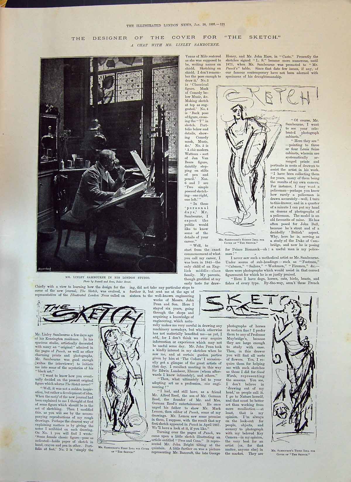 Antique Old Print 1893 Linley Sambourne Artist Sketches Designer Cover Sketch