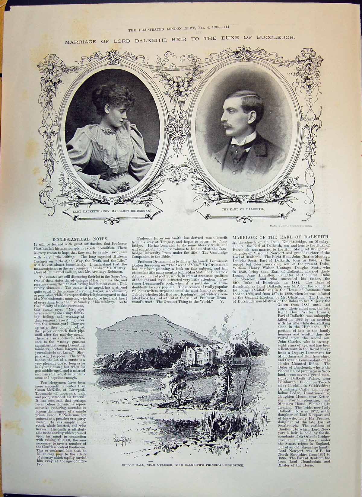 Antique Print 1893 Lord Dalkeith Margaret Bridgeman Eildon Melrose Woman St