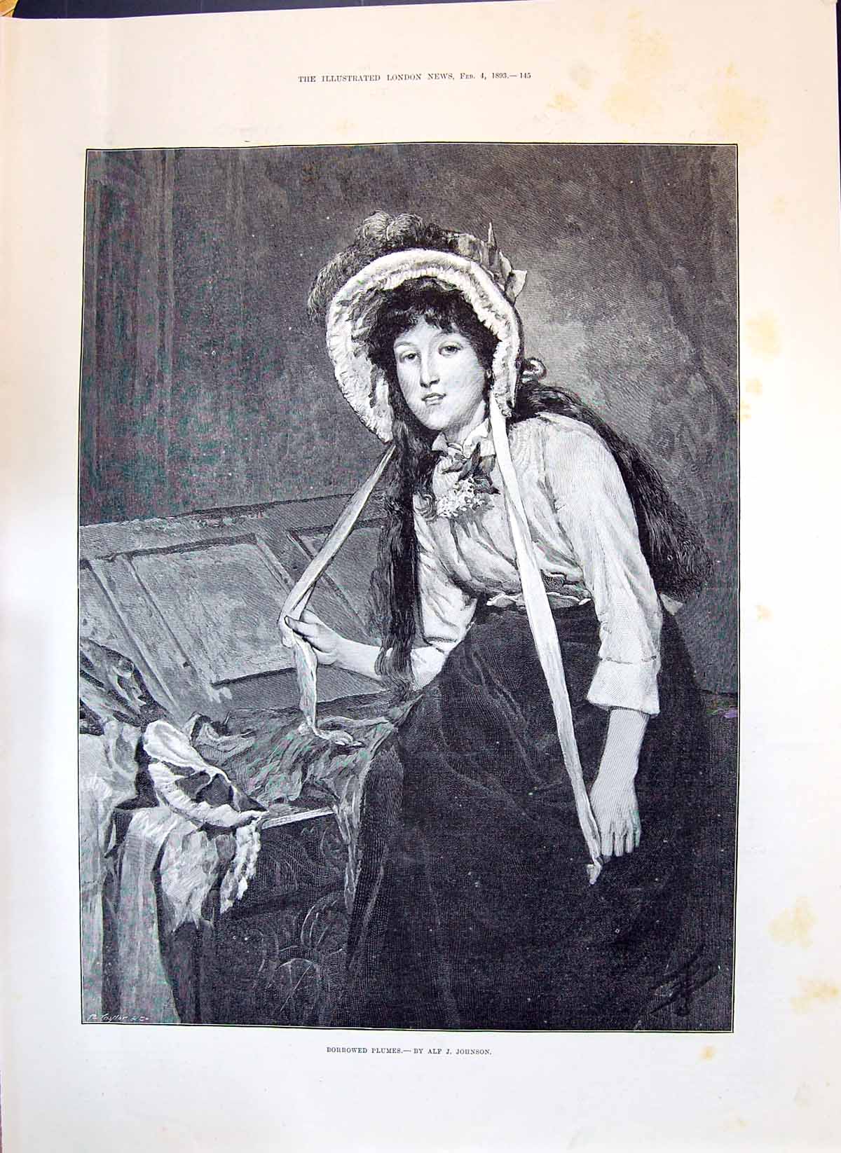 Old Antique Print 1893 Beautiful Girl Borrowed Plumes Jess Window Thrums 19th