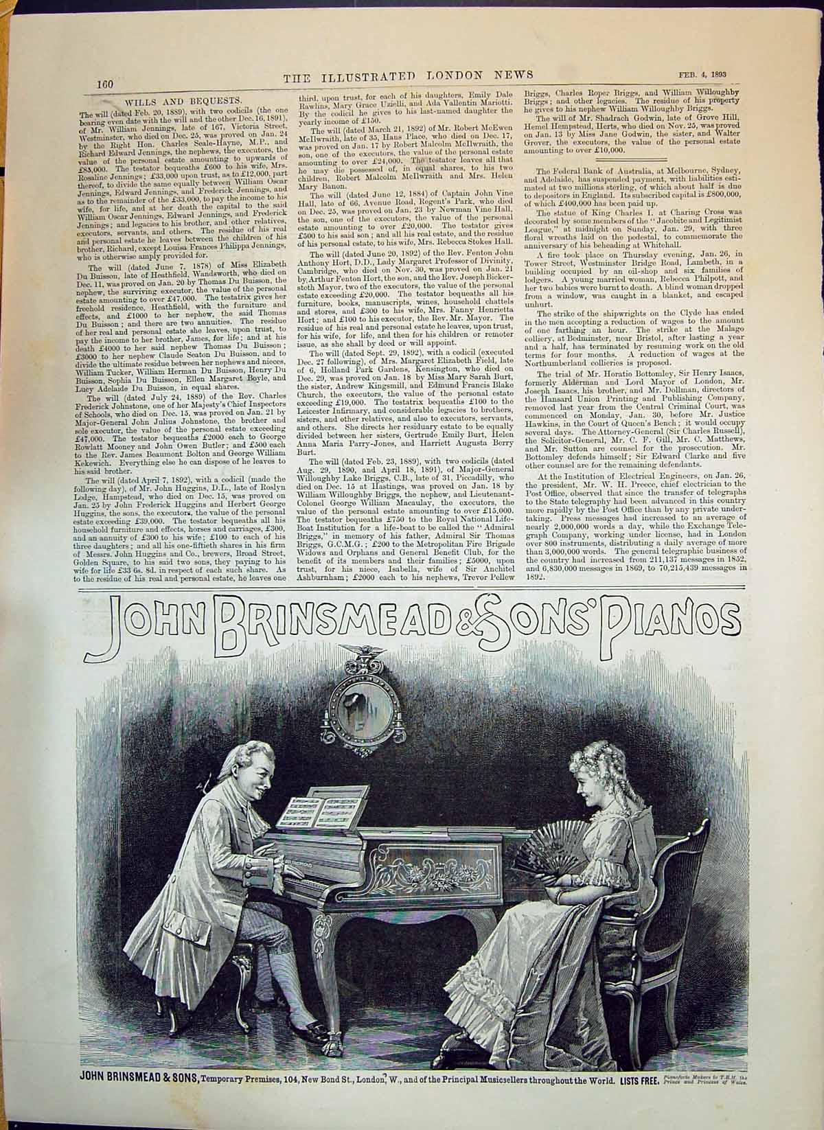 Old 1893 Advertisement John Brinsmead Sons Piano Music Bond Street Lo Victorian