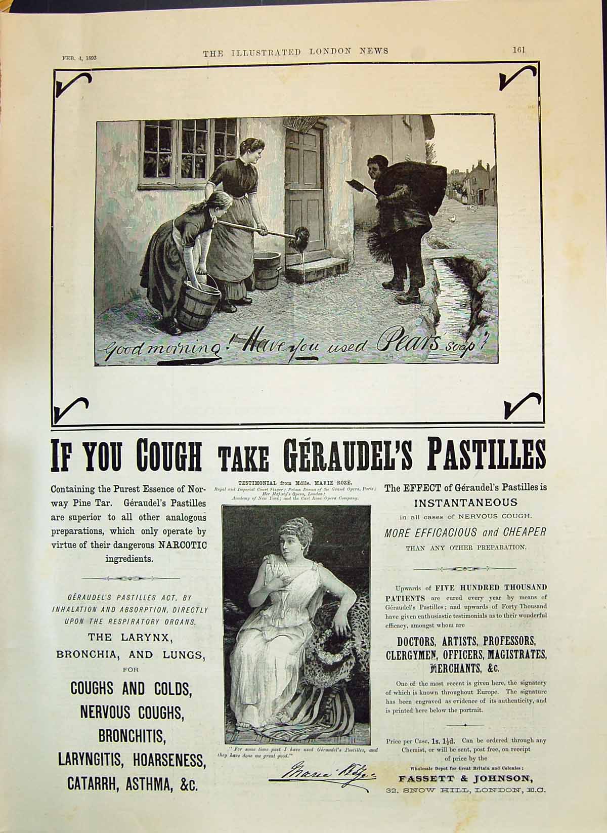 Old Antique Print 1893 Pears Soap Geraudel'S Pastilles Coughs Cs Fassett 19th