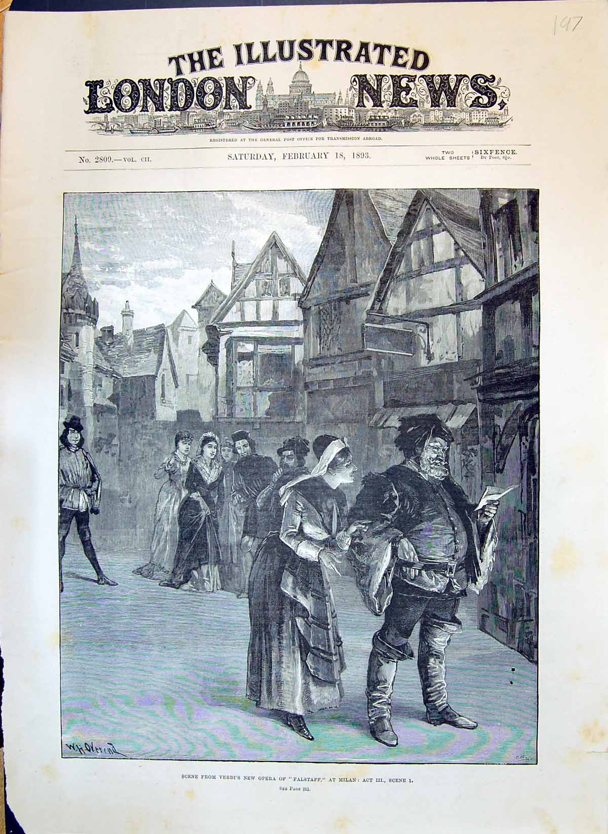 Original Old Antique Print 1893 Scene Verdi Opera Falstaff Milan Theatre Actors