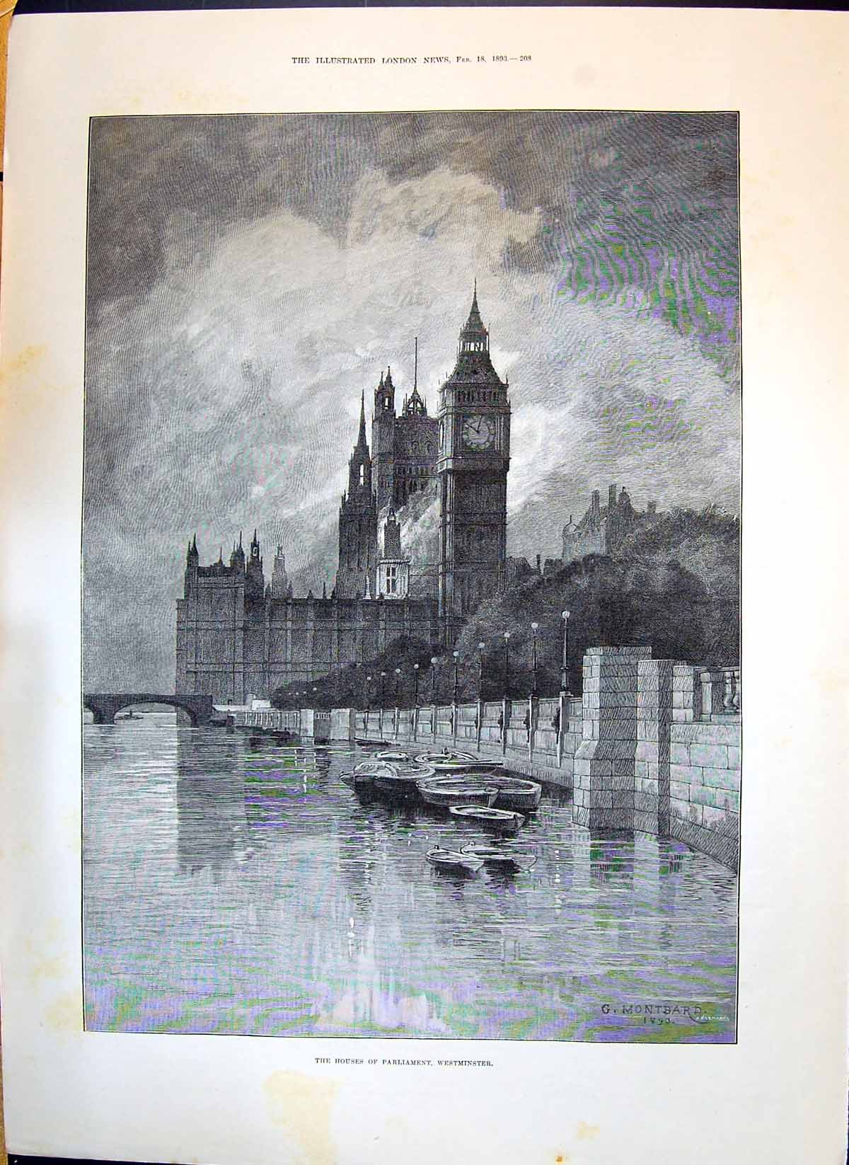 Old 1893 Houses Parliament Westminster London River Thames Portrait Yo Victorian