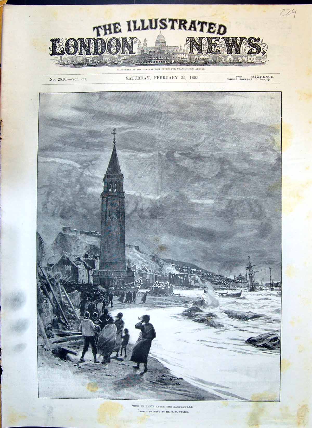 Original Old Antique Print 1893 View Zante Earthquake Stormy Weather Shi 19th