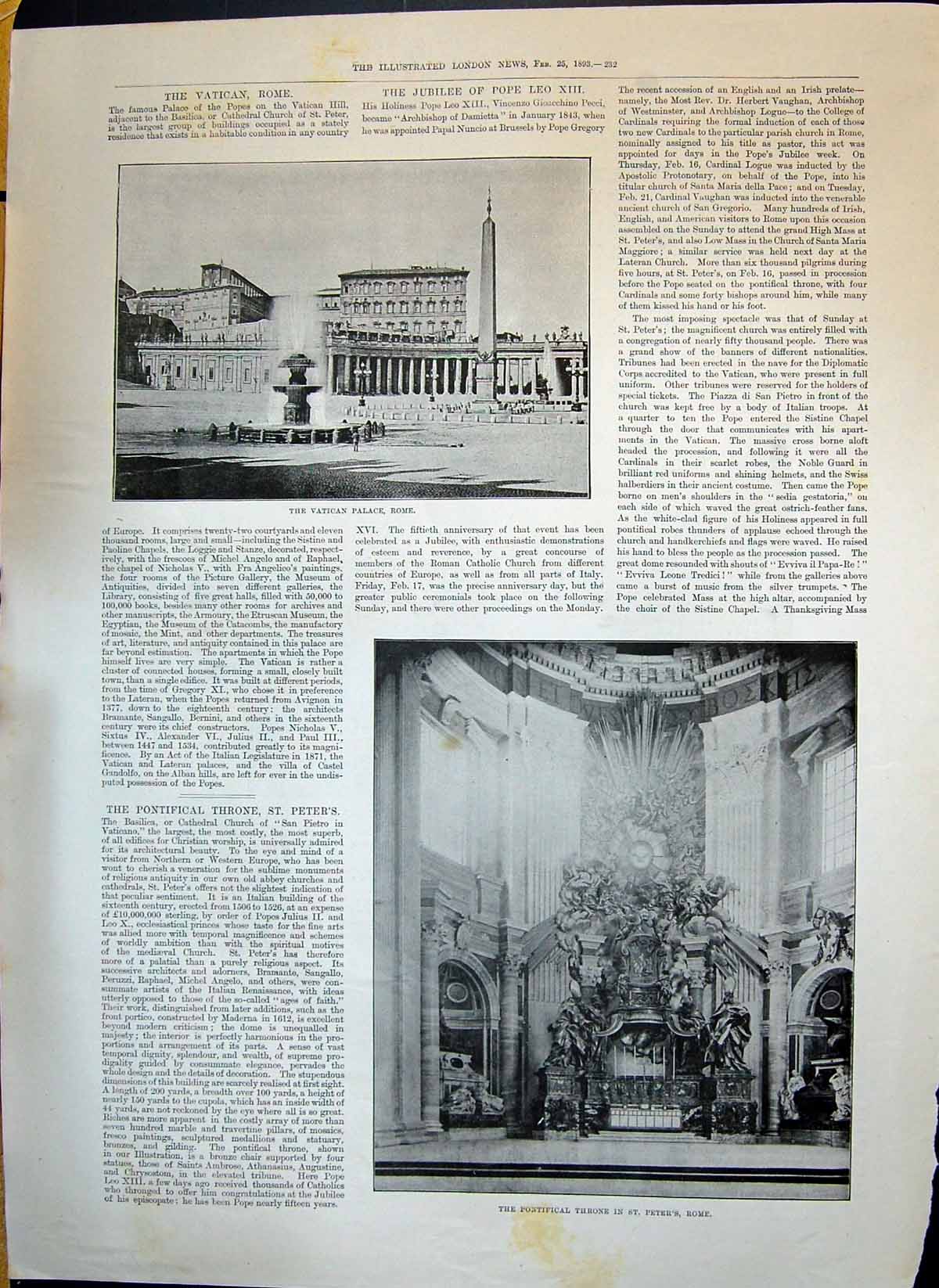 Old 1893 Vatican Palace Rome Pontifical Throne St. Peter'S Earthquake Victorian