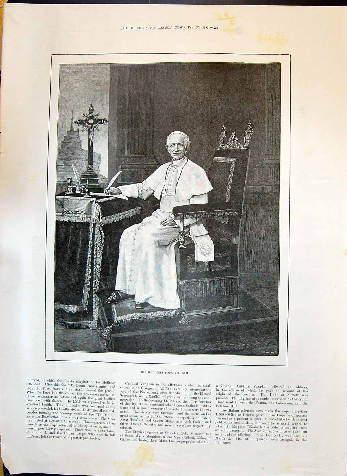 Old 1893 Holiness Pope Leo Xiii Macinnes Pettie Wilkinson Cumming Mel Victorian