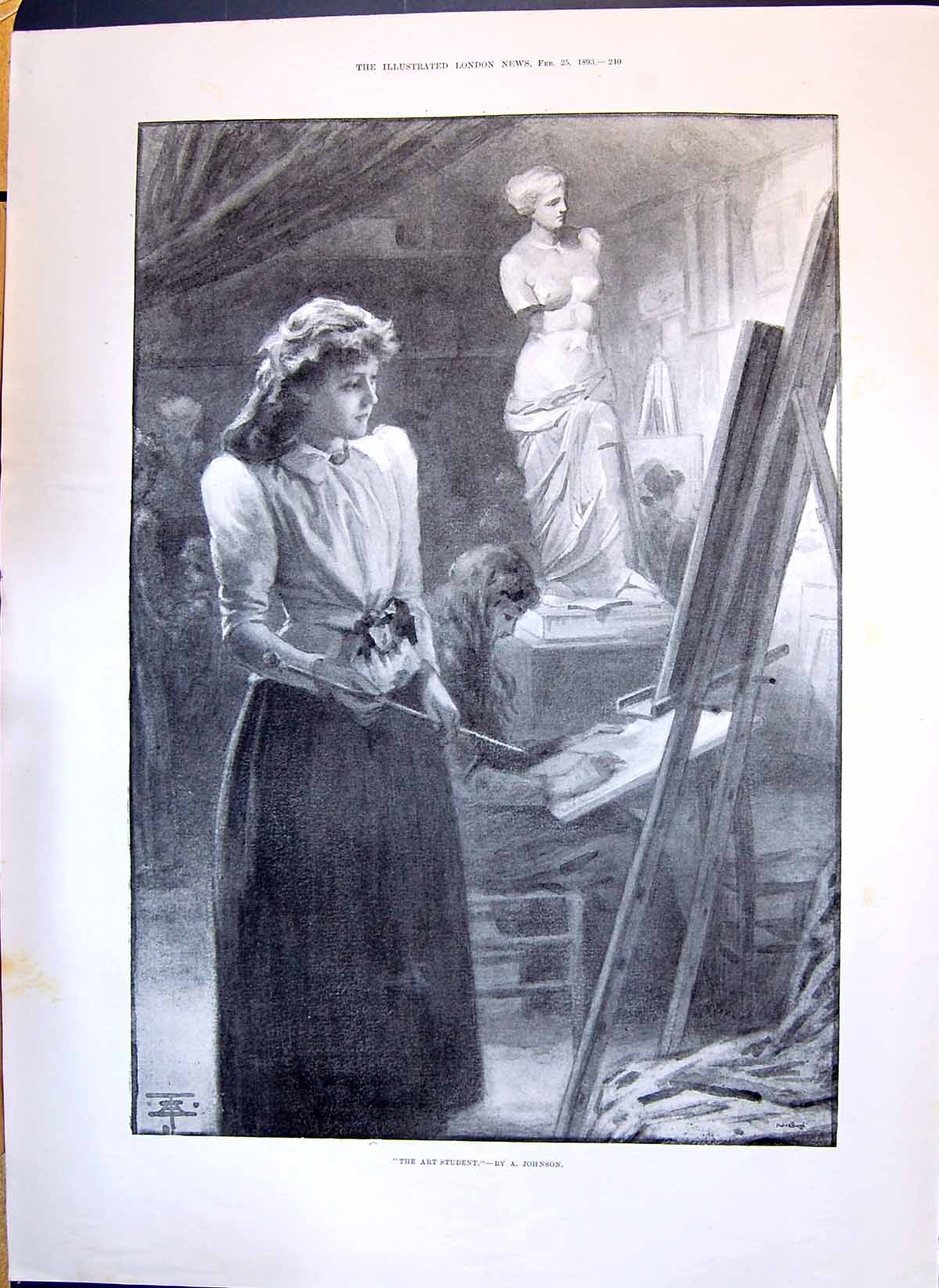Old Print 1893 Beautiful Lady Art Student Johnson Man Looking Photograph 19th