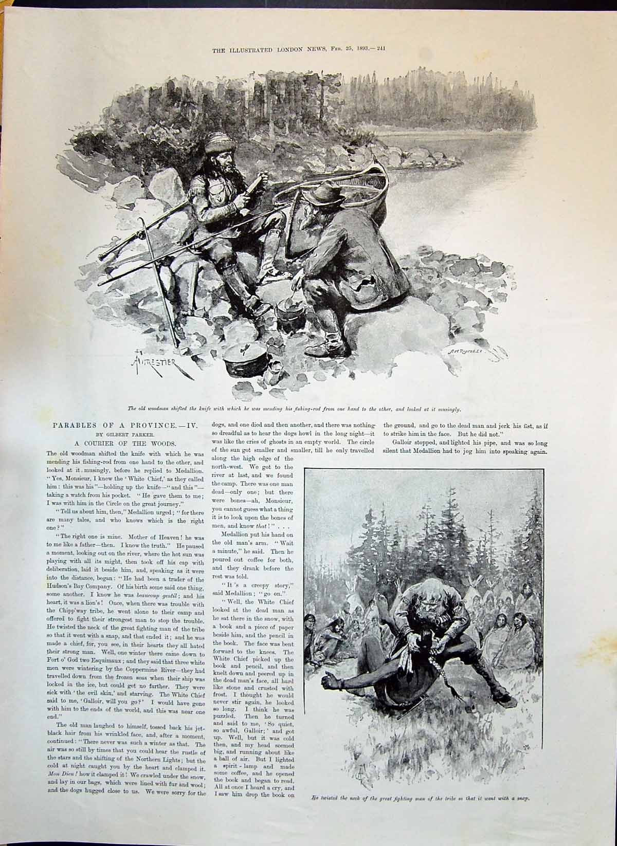 Antique Old Print 1893 Woodman Fighting Indian Woods White Chief Snow Shoes