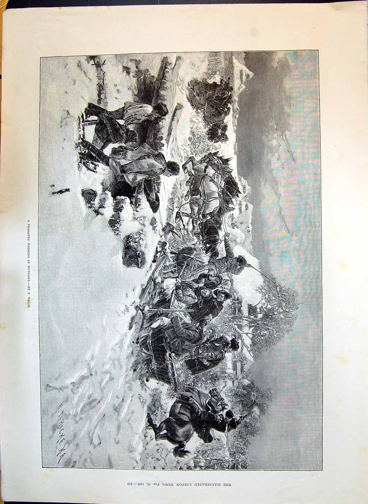 Old Antique Print 1893 Scene Peasants Wedding Hugary Horses Sledge Snow 19th