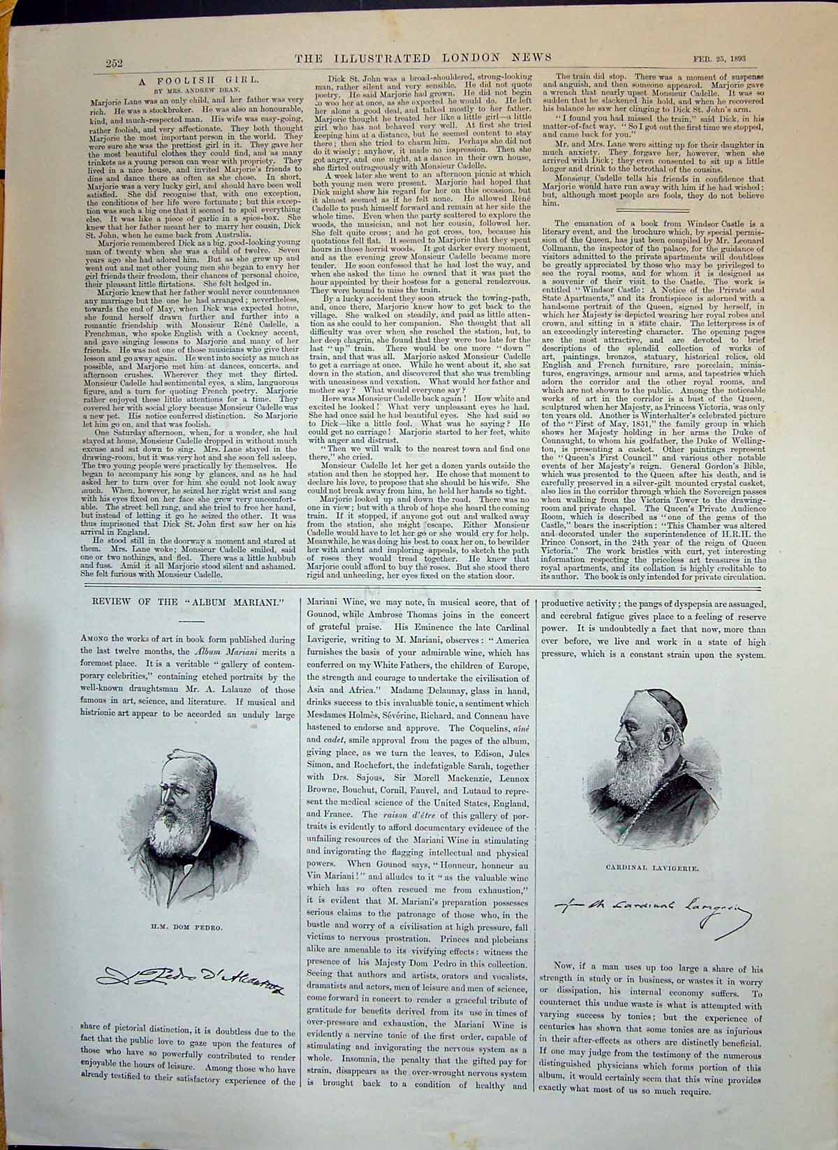 Antique Old Print 1893 Portrait Cardinal Lavigerie Dom Pedro Album Mariani 19th