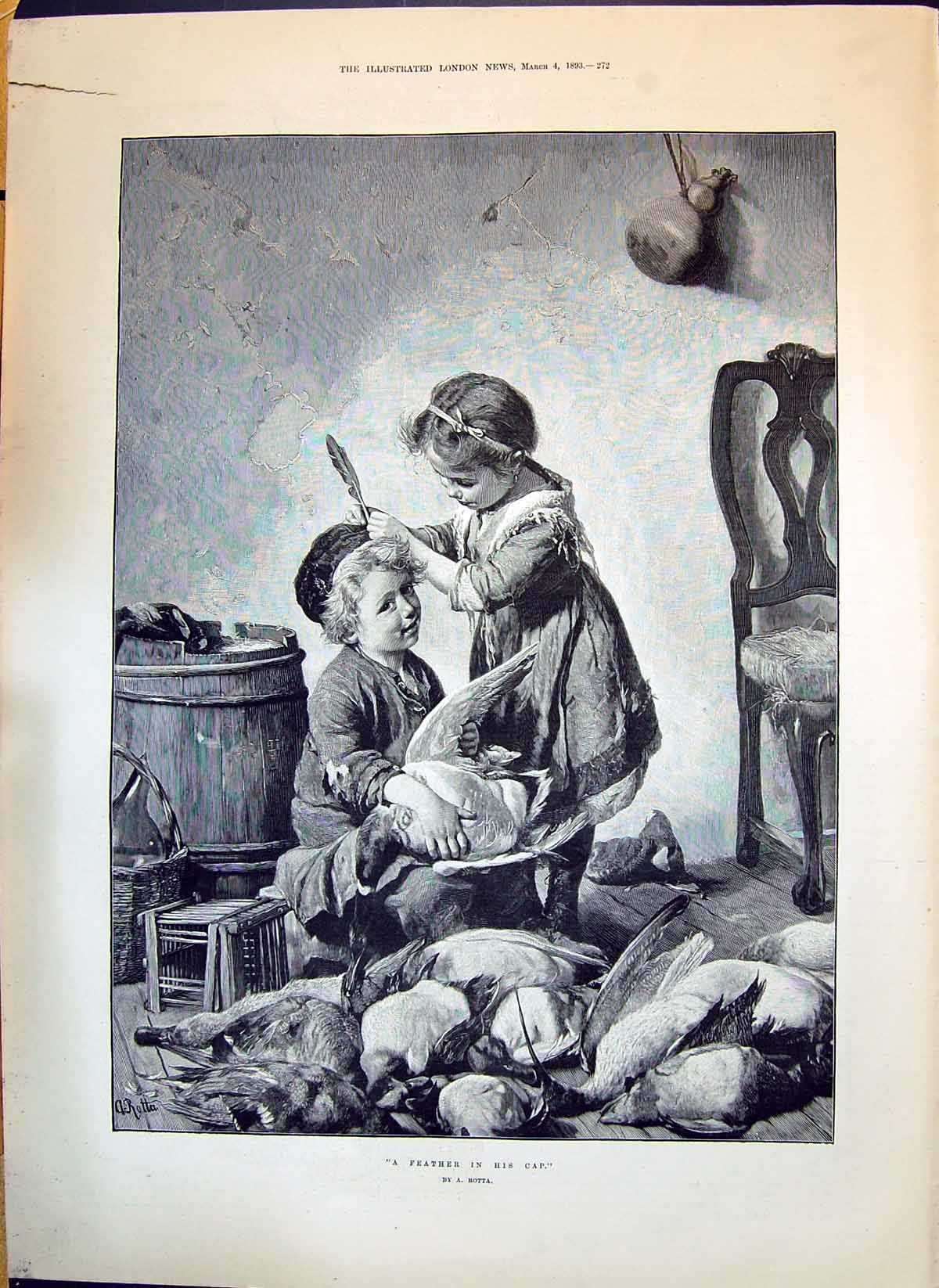 Antique Old Print 1893 Feather Cap Children Plucking Birds Ladies Hearthrug