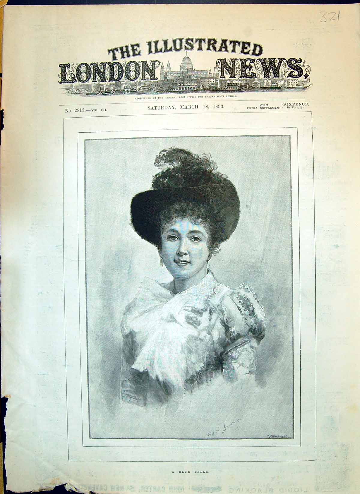 Original Old Antique Print 1893 Portrait Beautiful Woman Blue Belle Victorian