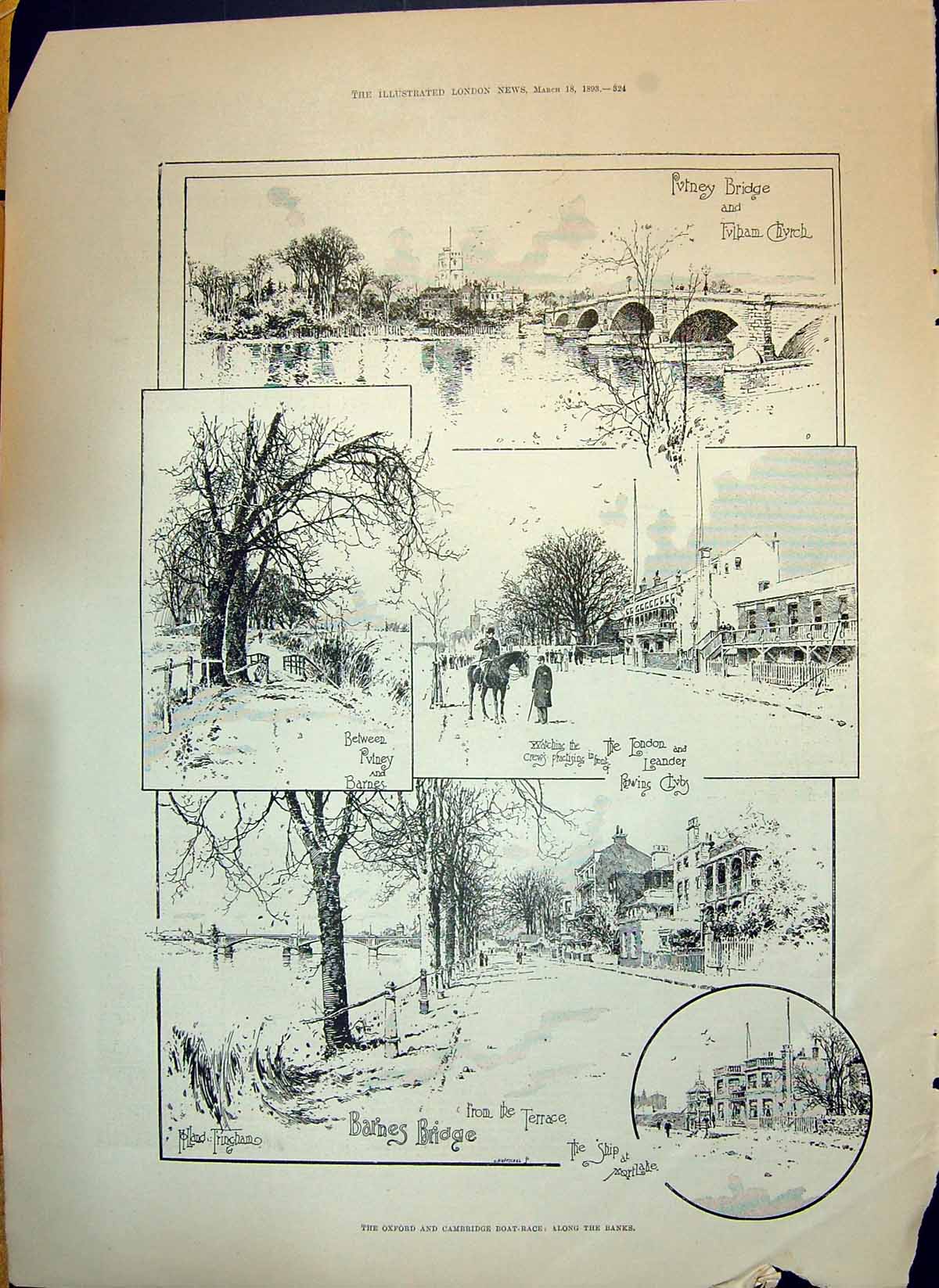 Old 1893 Oxford Cambridge Boat Race Putney Bridge Fulham Church Villa Victorian