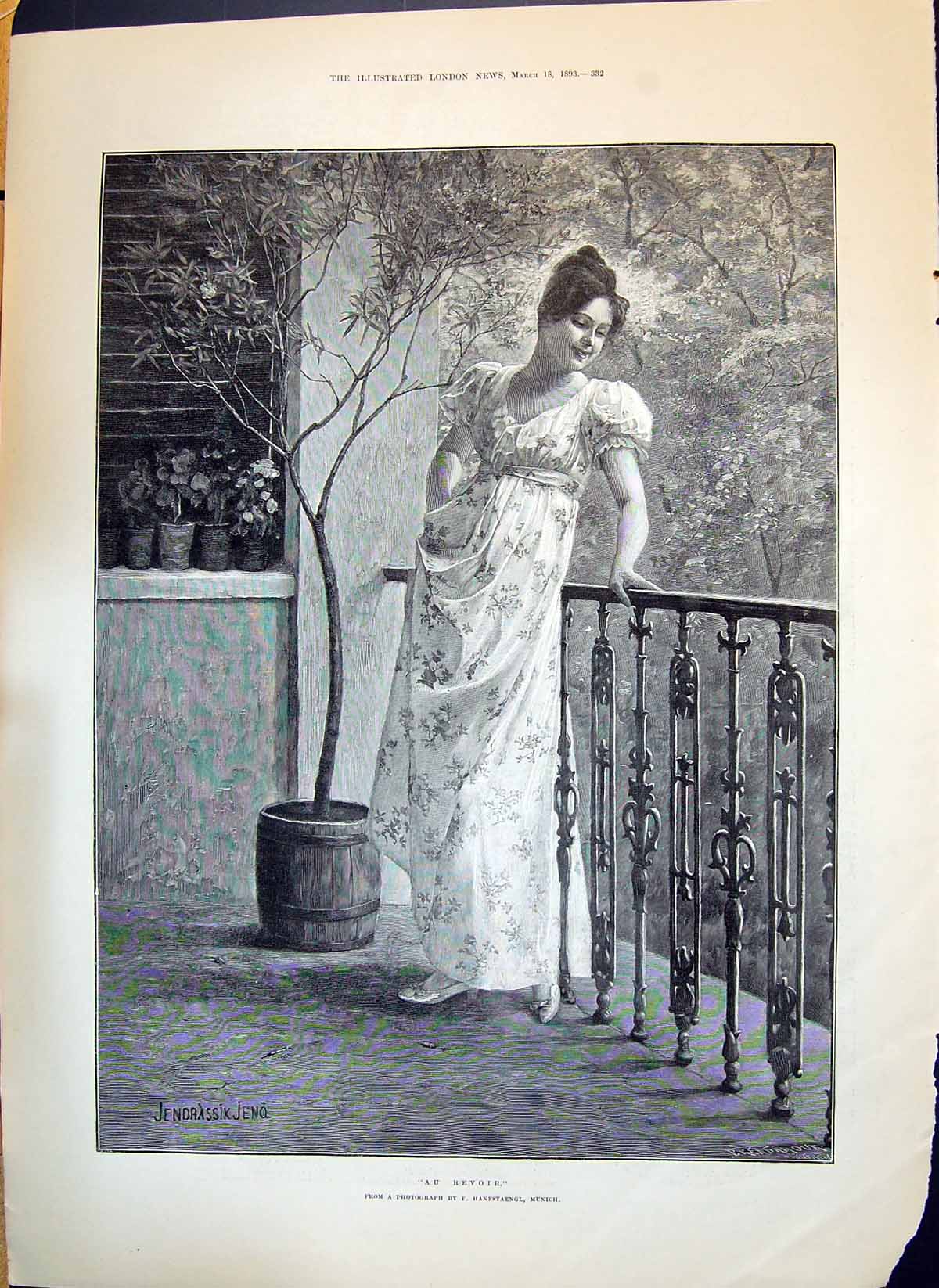 Antique Print 1893 Beautiful Woman Balcony Jeno Hanfstaengl Young Man Clerk