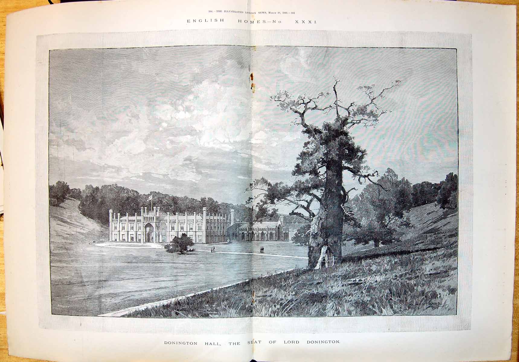 Old Antique Print 1893 Architecture Exterior Donington Hall Lord Gardens 19th