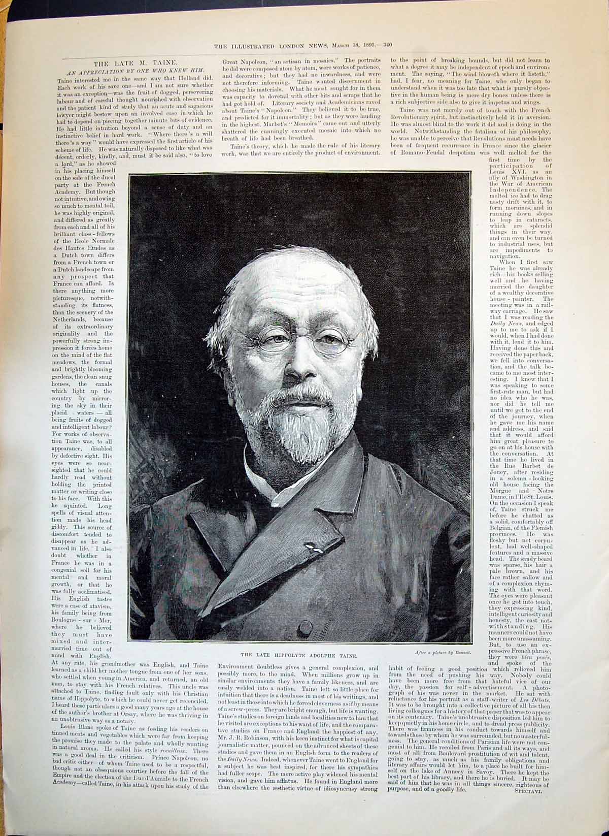 Old 1893 Hippolyte Adolphe Taine Lord Hannen Chief British Arbitrator Victorian