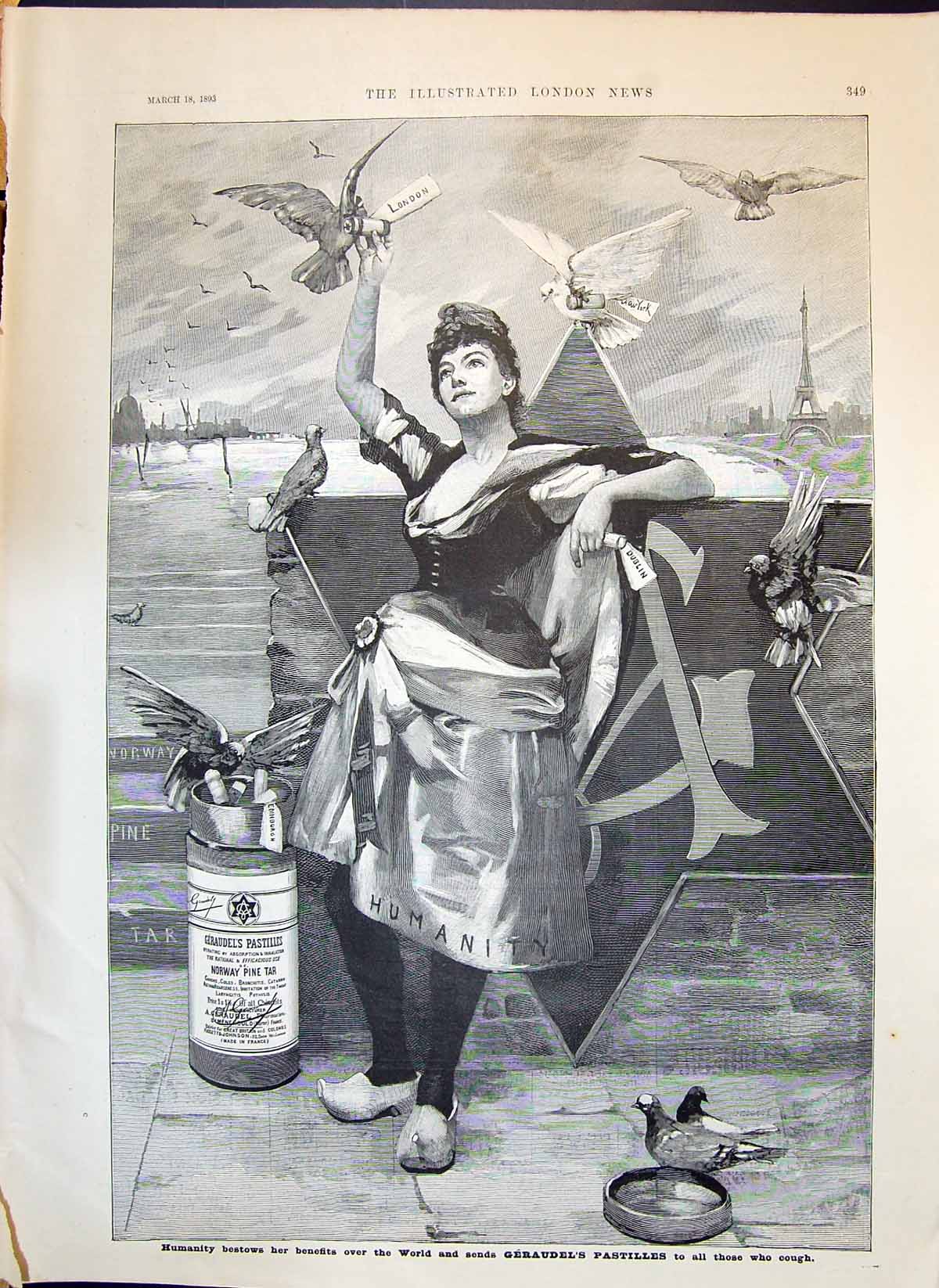 Original Old Antique Print 1893 Advertisement Geraudel'S Pastilles Lady 19th