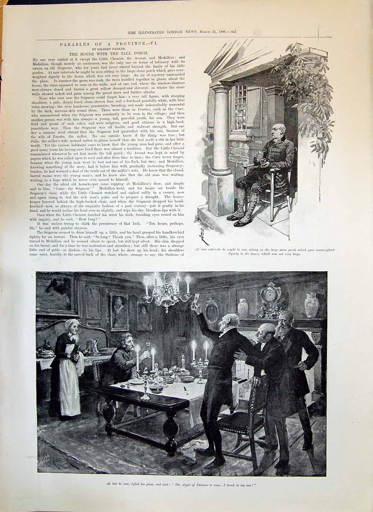 Old Antique Print 1893 Dinner Table Men House Tall Porch Sick Housekeeper 19th