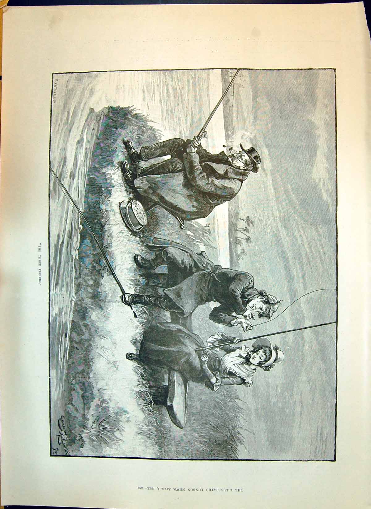 Old 1893 Three Fishers Fishing River George Findlay Daniell Alexeieff Victorian