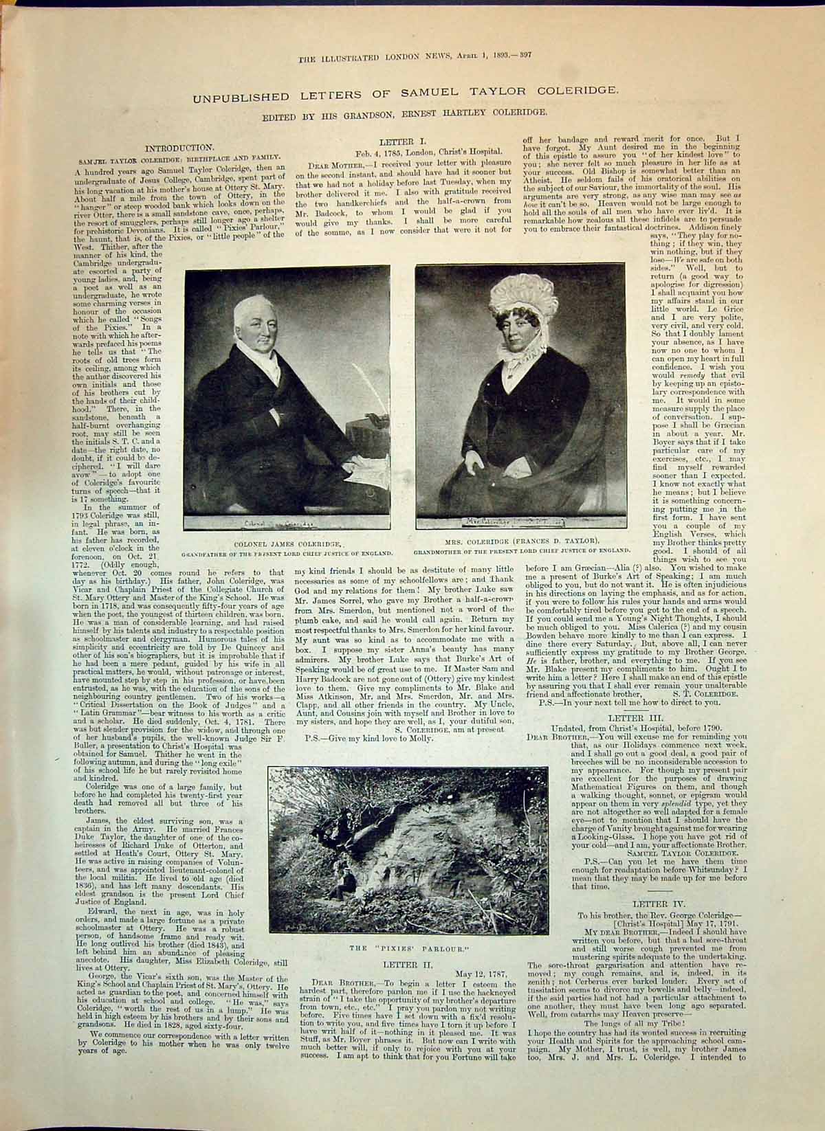 Antique Old Print 1893 Colonel James Coleridge Frances Taylor Pixies Parlour