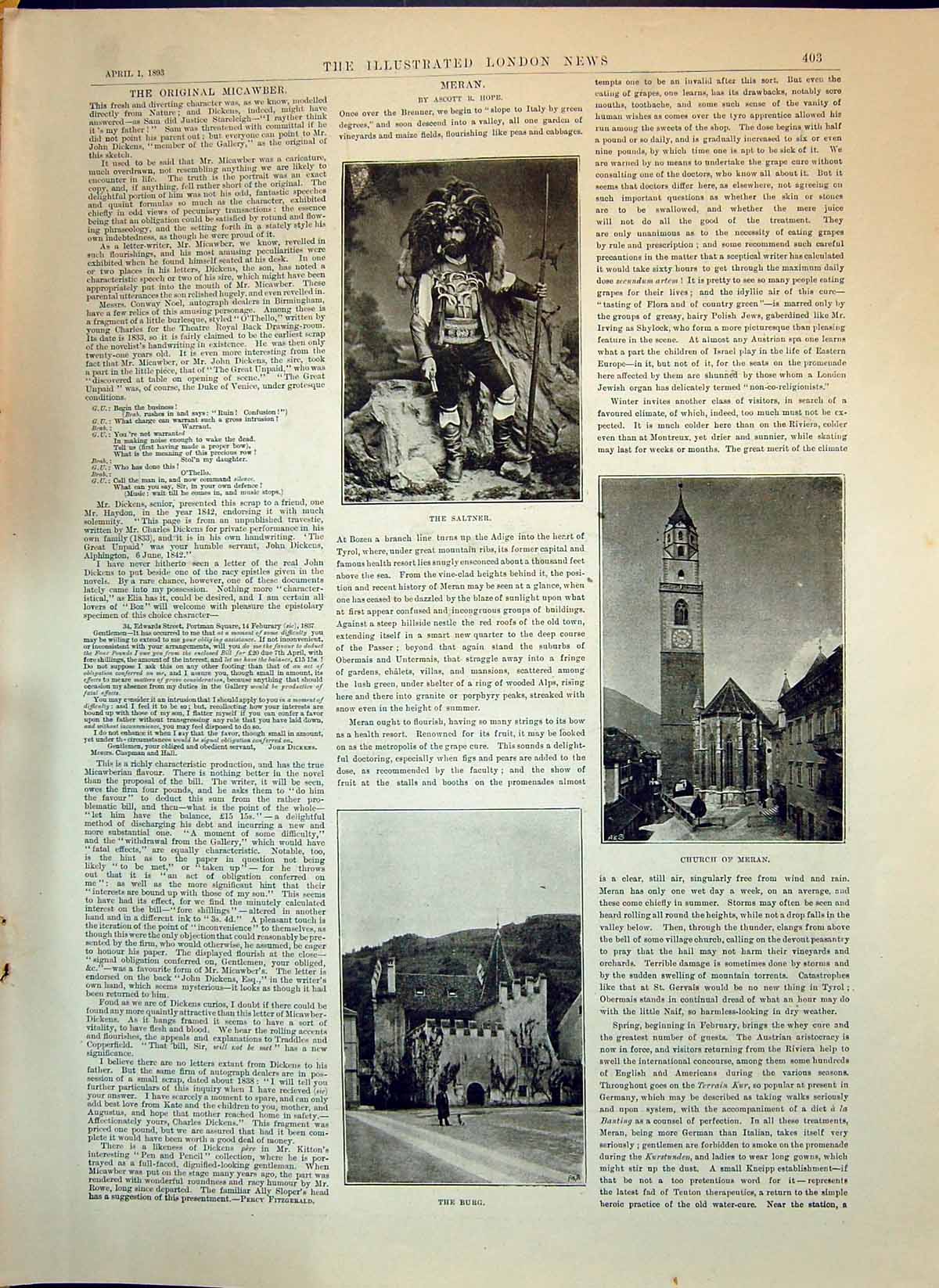Print 1893 Saltner Burg Church Meran Stage National Theatre Andreas Hofer Egge